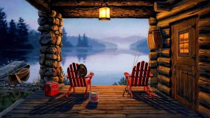 Cozy Lakeside Cabin Porch with Rustic Charm