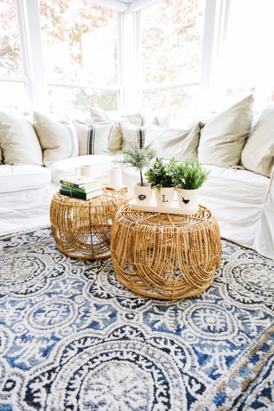 Cozy Living Room with DIY Rattan Basket Coffee Tables