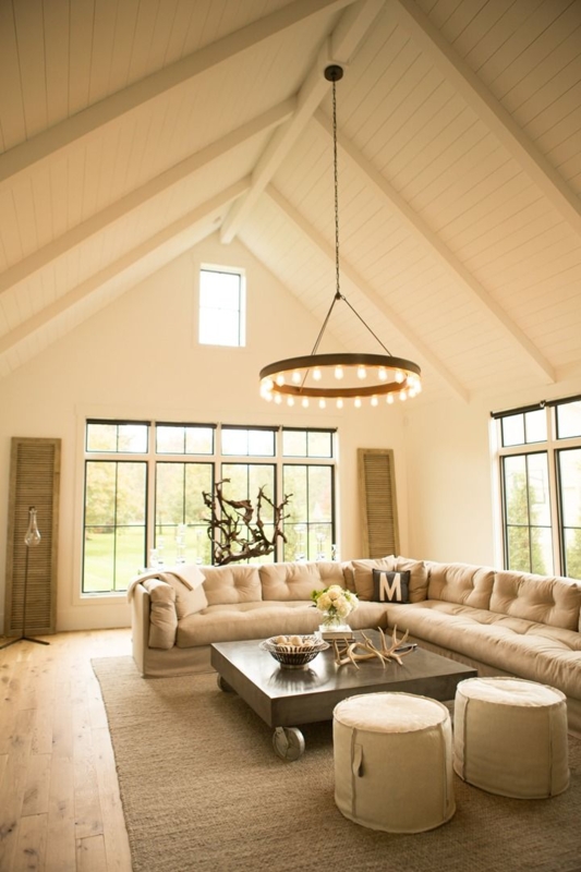Cozy Living Room with Vaulted Wood Planked Ceiling