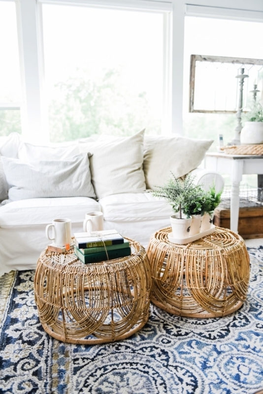 Cozy Living Room with Wicker Basket Coffee Tables