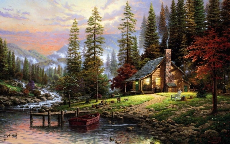 Cozy Log Cabin by Riverside at Sunset