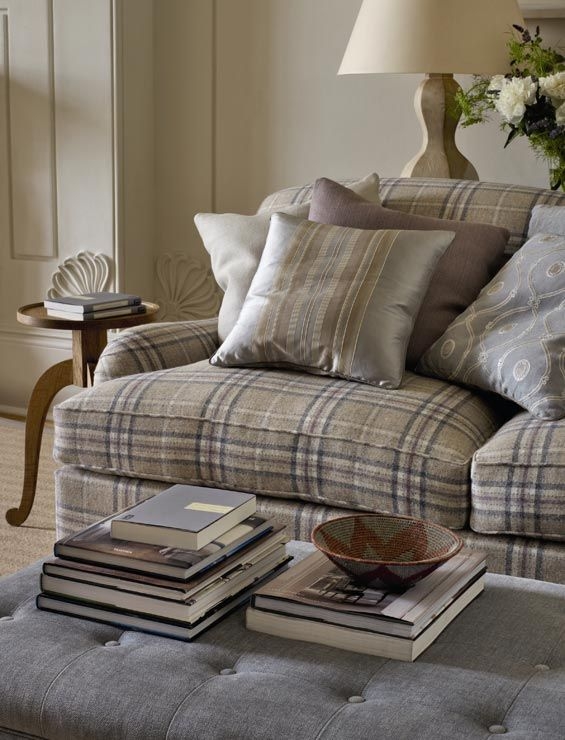Cozy Plaid Sofa with Neutral Decorative Pillows