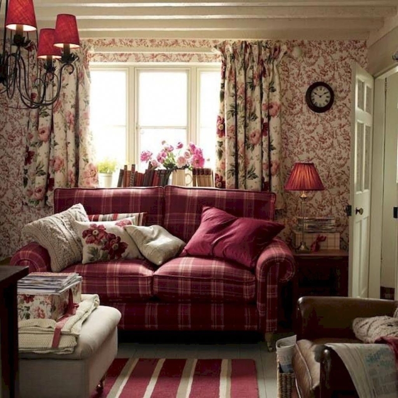 Cozy Red Plaid Country Cottage Sofa Living Room