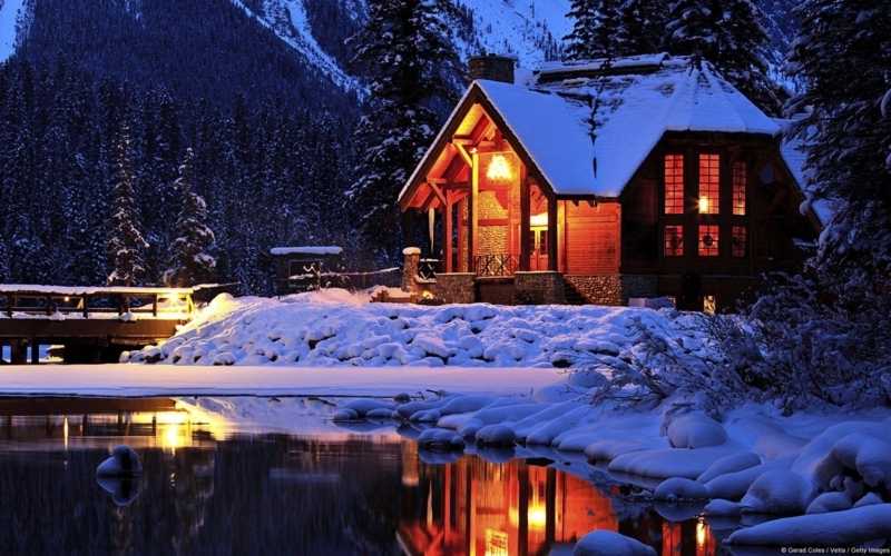 Cozy Snowy Cabin by Mountain Lake at Night