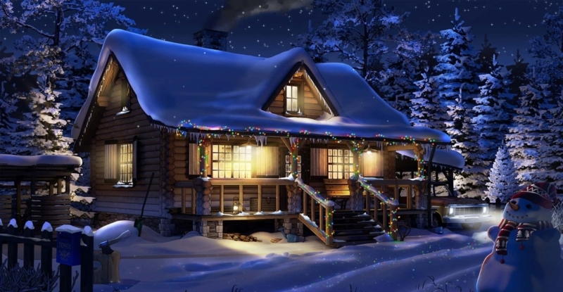 Cozy Snowy Cabin with Festive Holiday Lights