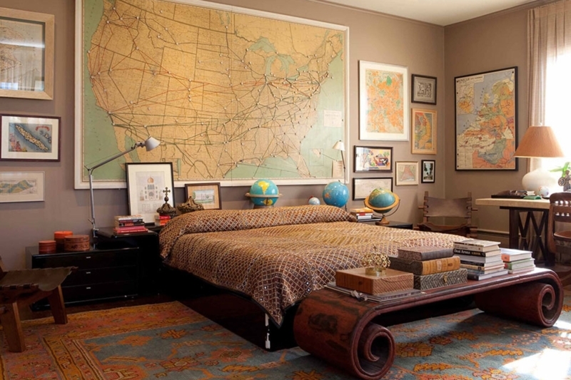 Cozy Vintage Map Bedroom with Globe Accents
