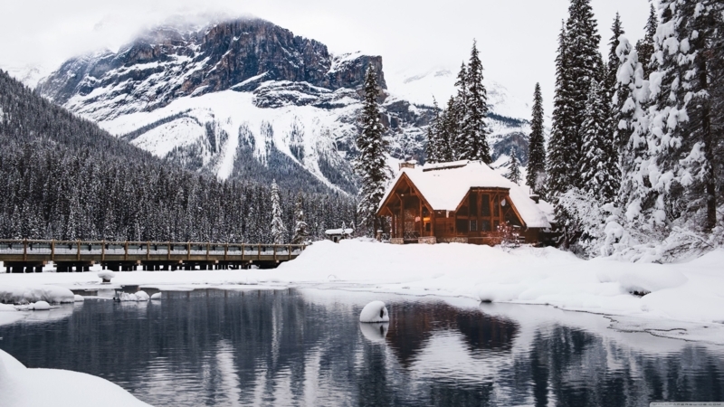Cozy Winter Cabin by Snowy Mountain Lake