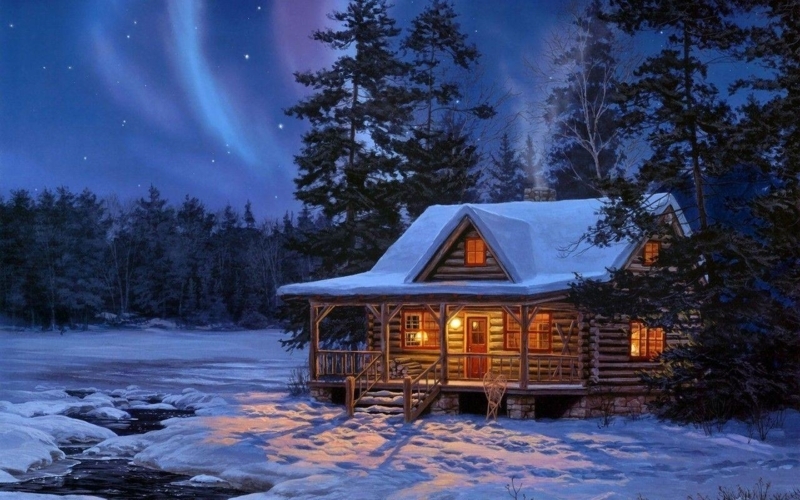 Cozy Winter Log Cabin with Snowy Surroundings
