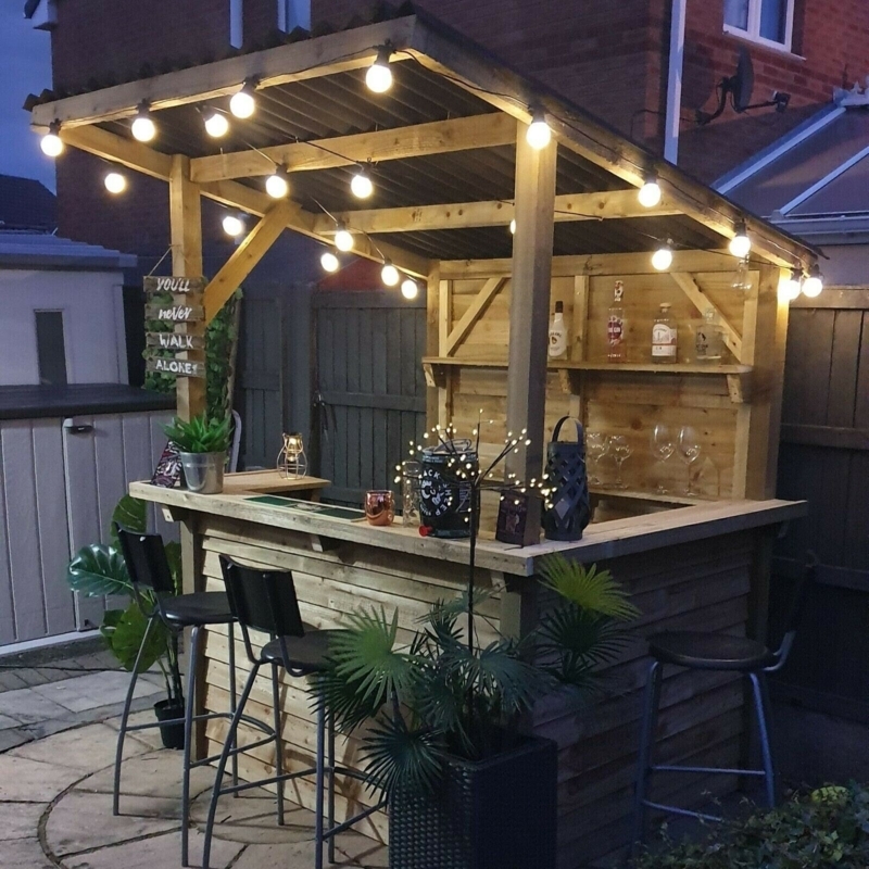 Cozy Wooden Outdoor Garden Bar with String Lights