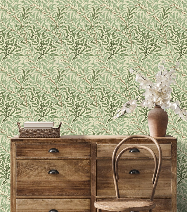 Craftsman Botanical Wallpaper with Wooden Furniture