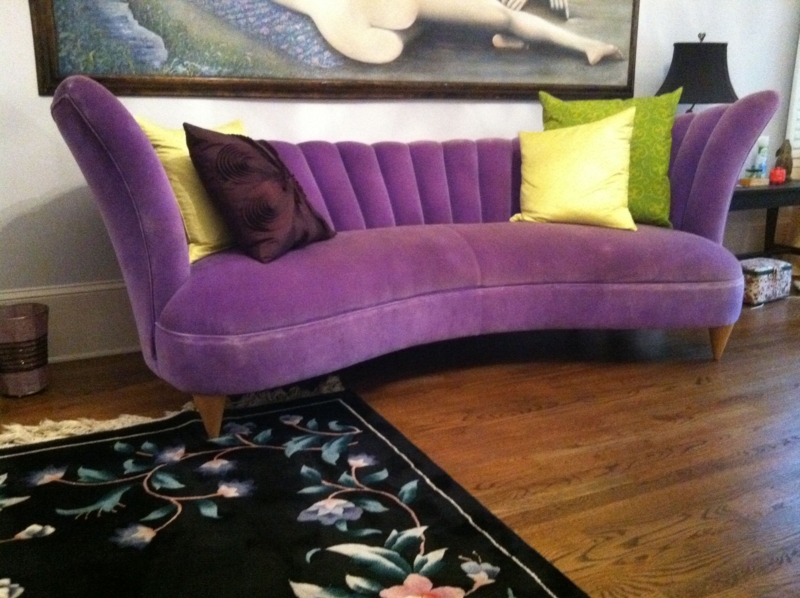 Curved Purple Velvet Sofa with Accent Pillows
