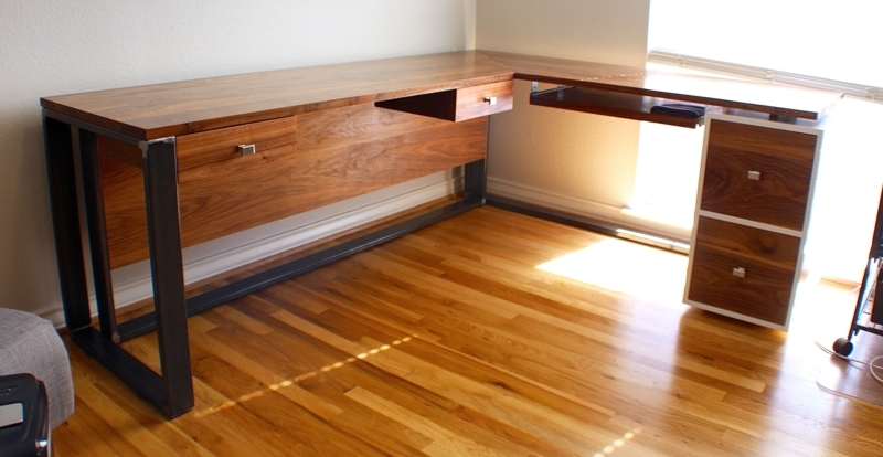 Custom L-Shaped Walnut Desk with Metal Frame