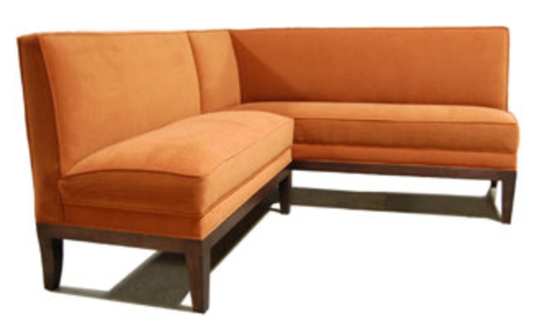 Custom Orange L-Shape Banquette Seating with Wood Base