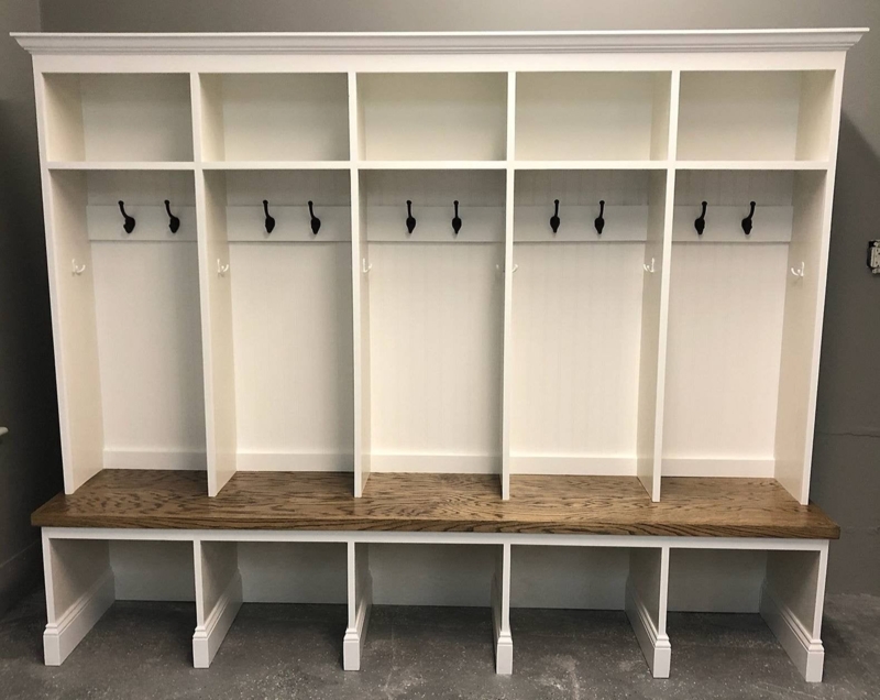 Custom White Entryway Lockers with Wood Bench Seating