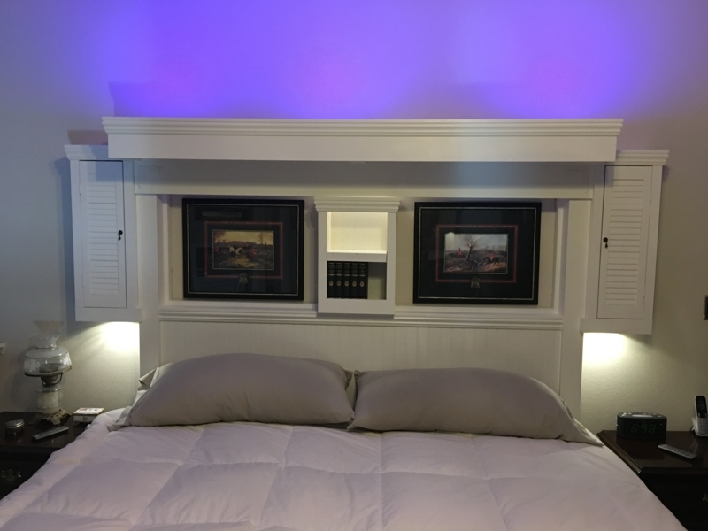 Custom White Rustic Headboard with Integrated Lighting