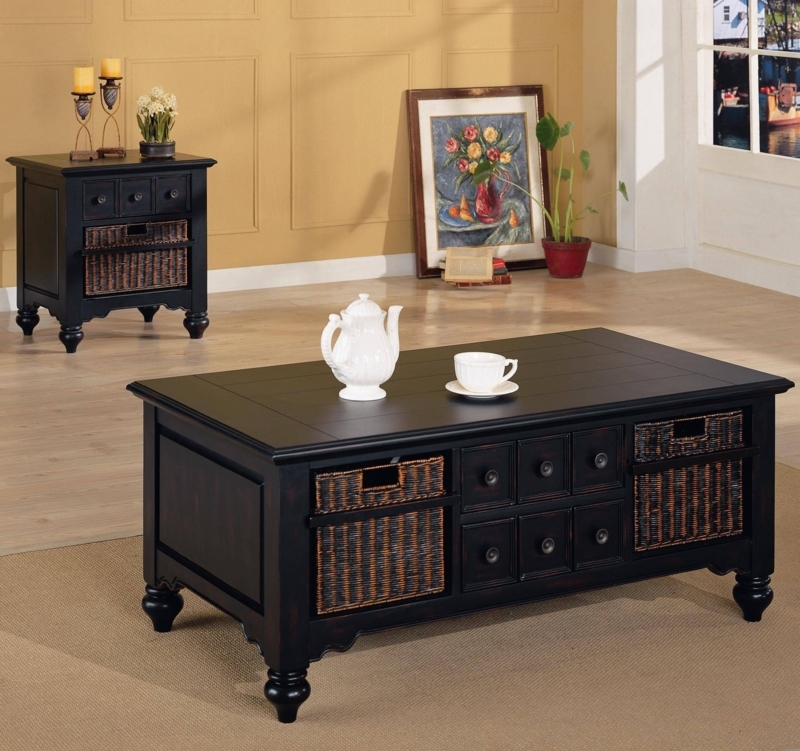 Dark Wood Coffee Table with Wicker Basket Storage