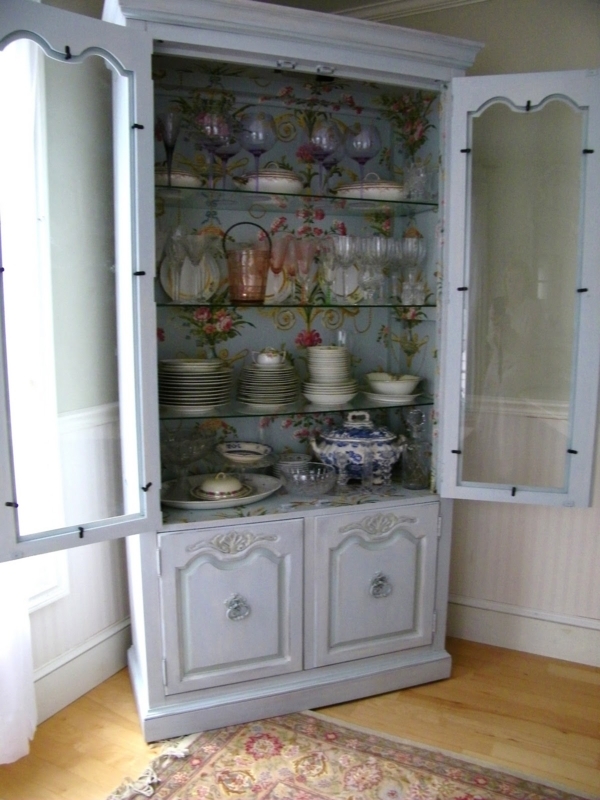 Decorative Cabinet with Floral Wallpaper Interior