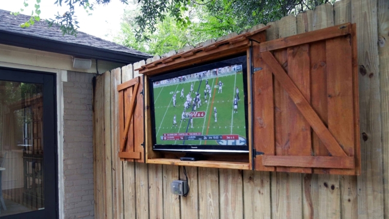 DIY Rustic Outdoor TV Stand with Wooden Shutter Doors
