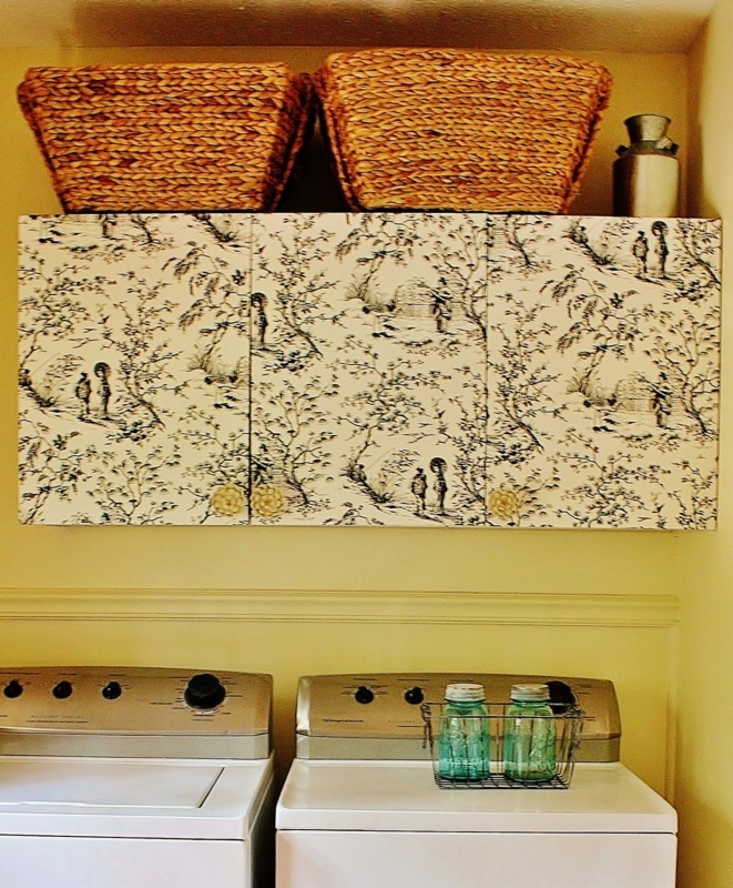 DIY Wallpapered Cabinets Above Laundry Machines