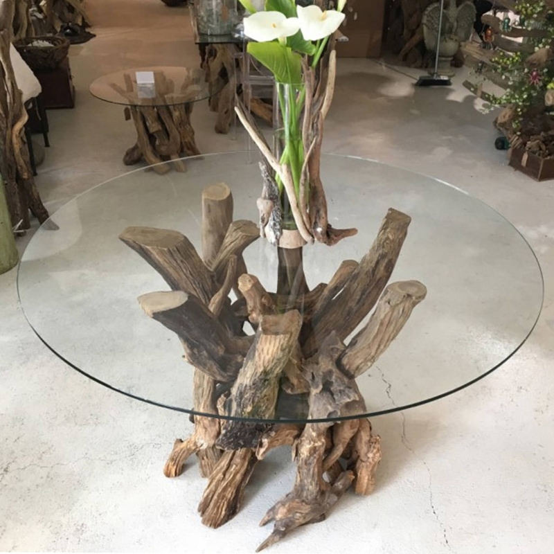 Driftwood Round Glass Dining Table Design