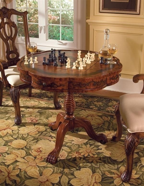 Elegant Antique Chess Table with Ornate Carved Chairs