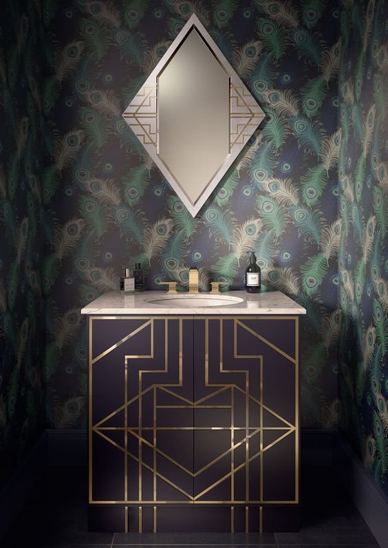 Elegant Art Deco Bathroom Vanity with Peacock Wallpaper