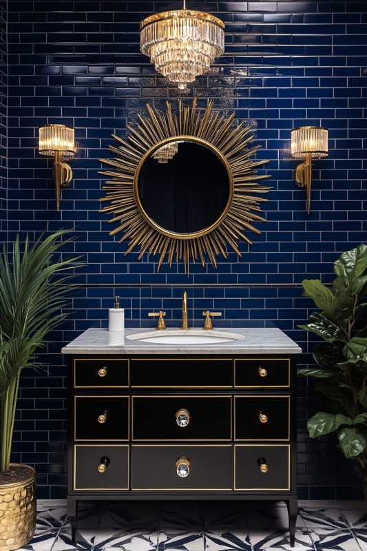 Elegant Art Deco Bathroom Vanity with Sunburst Mirror