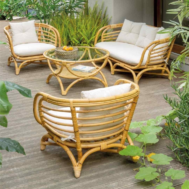 Elegant Bamboo Patio Furniture with White Cushions