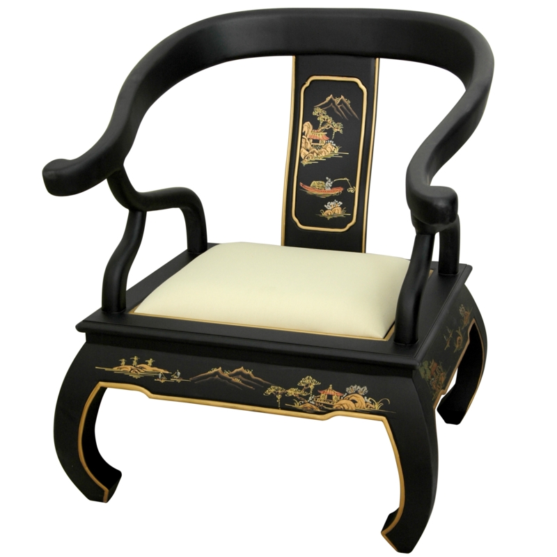 Elegant Black Oriental Chair with Scenic Detailing