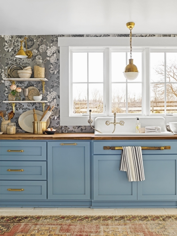 Elegant Blue Cabinets with Floral Kitchen Wallpaper