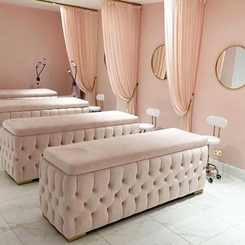 Elegant Blush Pink Lash Studio Beds with Gold Accents