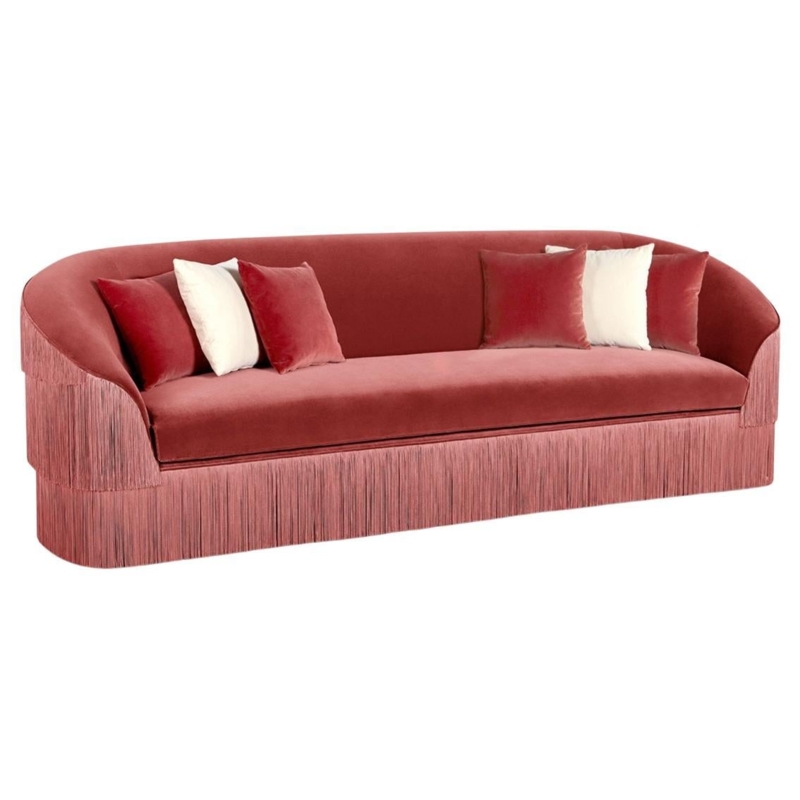 Elegant Blush Velvet Fringe Sofa with Cushions