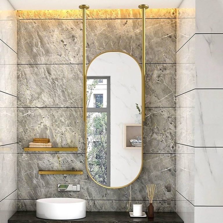 Elegant Ceiling-Mounted Oval Mirror Bathroom Design