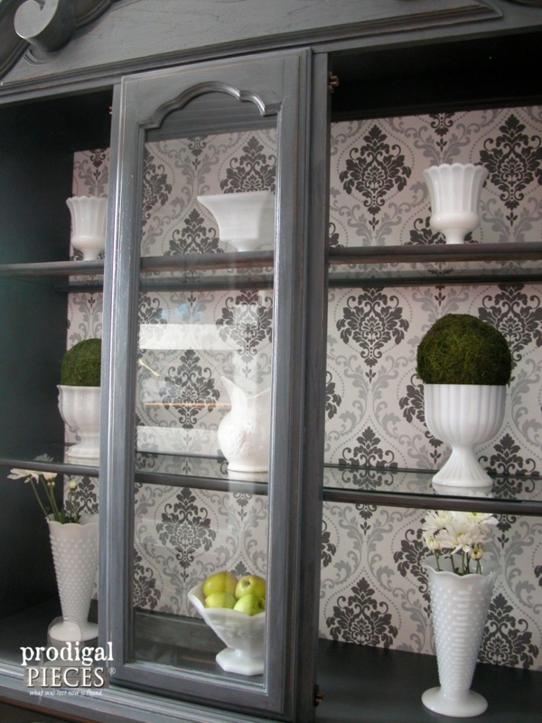 Elegant China Cabinet Makeover with Damask Wallpaper