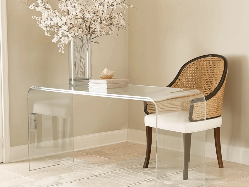 Elegant Clear Acrylic Desk with Woven Chair