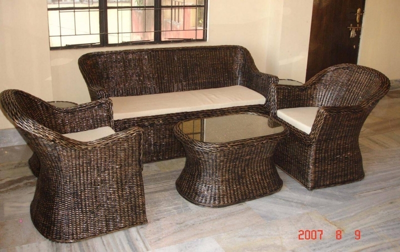 Elegant Dark Woven Bamboo Sofa Set with Cushions