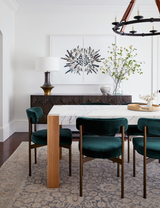 Elegant Emerald Green Dining Chairs with Marble Table