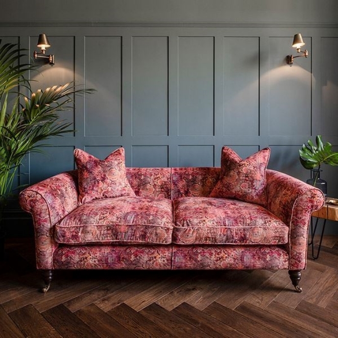 Elegant Floral Velvet Sofa in Terracotta Hue