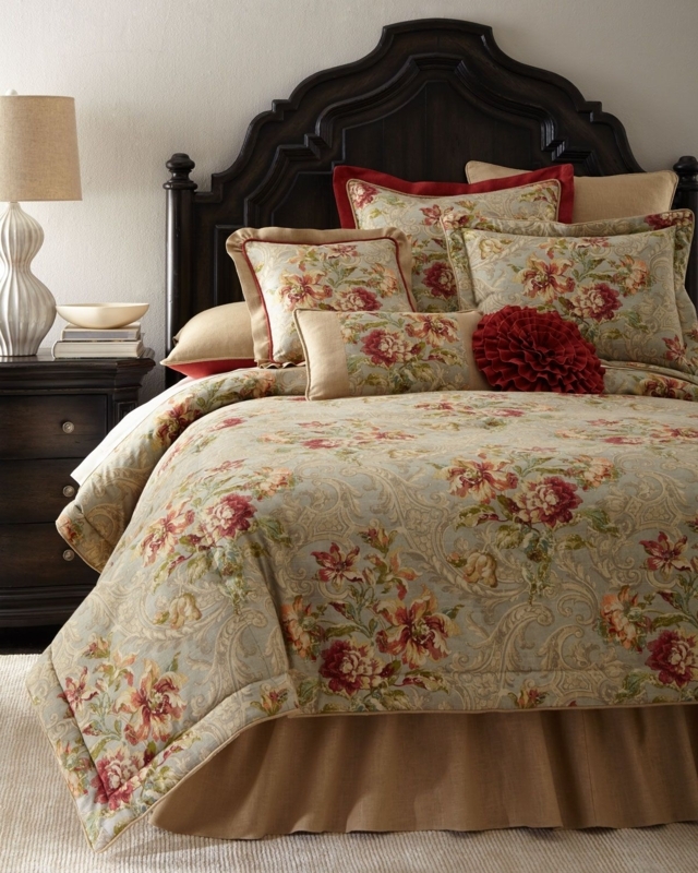 Elegant French Country Floral Bedding with Dark Wood Headboard