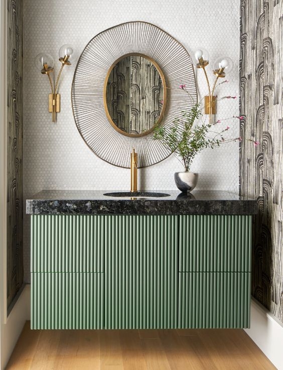 Elegant Green Fluted Vanity with Gold Accents
