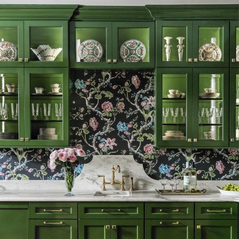 Elegant Green Kitchen Cabinets with Floral Wallpaper