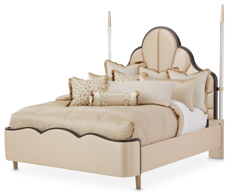 Elegant King Scalloped Upholstered Poster Bed