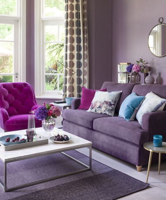 Elegant Living Room with Purple Sofa and Armchair