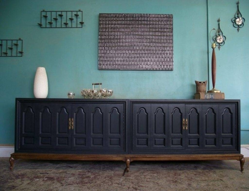 Elegant Long Black Vintage Sideboard with Wooden Legs