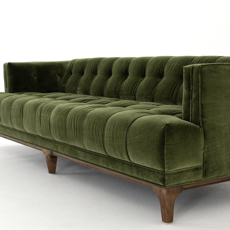 Elegant Mid-Century Olive Green Velvet Tufted Sofa