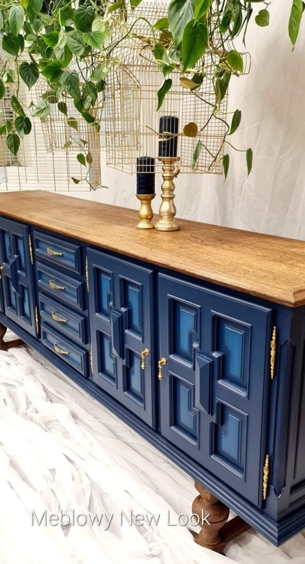 Elegant Navy Blue Sideboard with Wood Top and Brass Accents