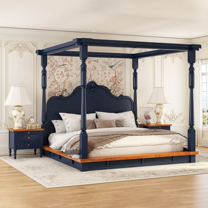 Elegant Navy Canopy Bed with Classic Decor