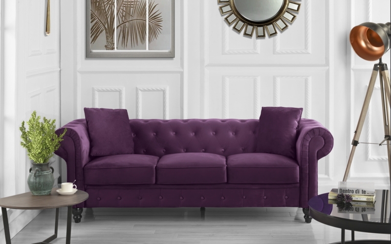 Elegant Purple Velvet Chesterfield Sofa with Tufted Design