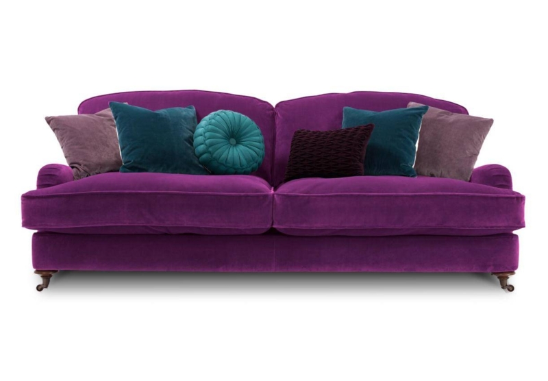 Elegant Purple Velvet Sofa with Mixed Accent Cushions