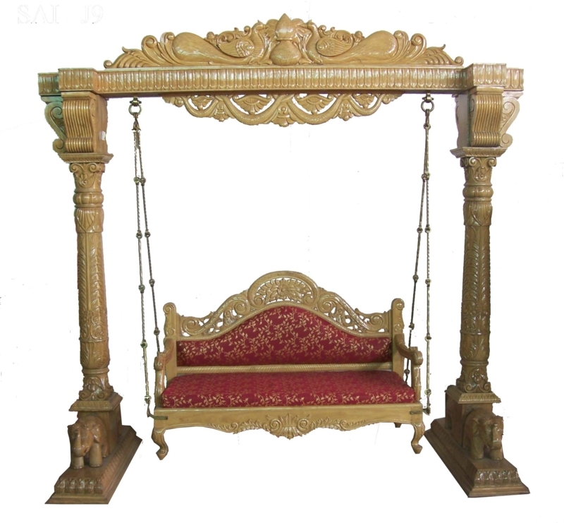 Elegant Royal Indian Wooden Swing with Red Upholstery